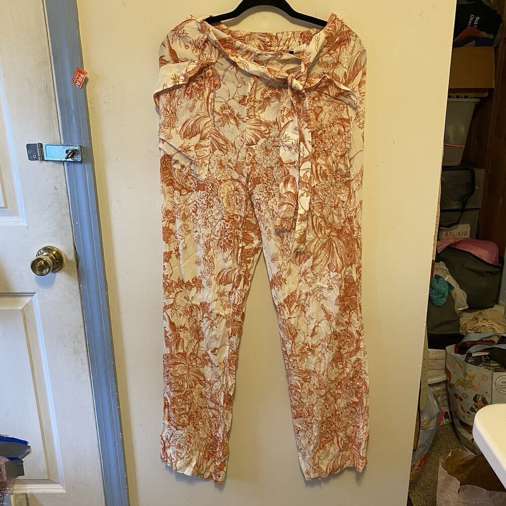 Zara floral print Straight Leg pants Trousers Women M Belted Tie Casual Travel - Picture 6 of 11